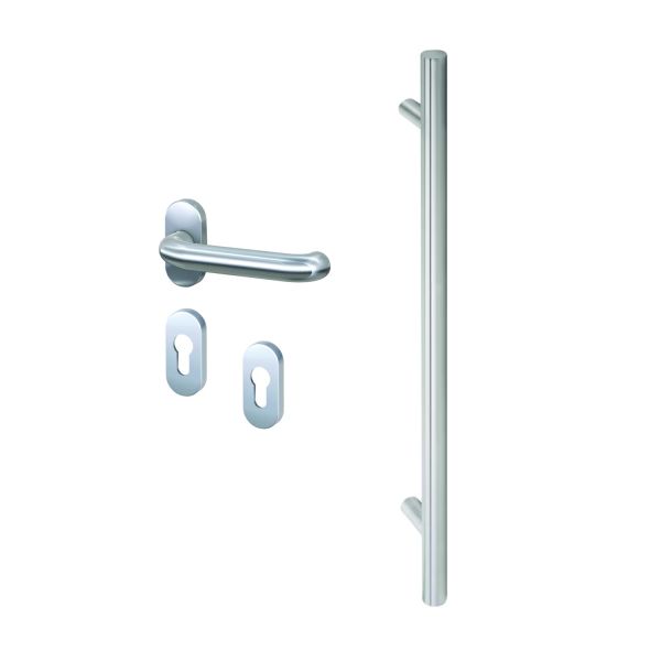 Edelstahl Stoßgriffset 500 mm (Silber, rund, 45° Befestigung)