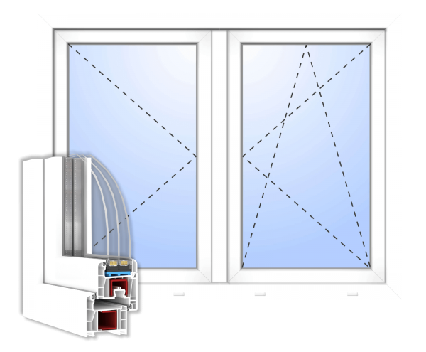 Profilquerschnitt 3-fach verglast mit Außenansicht in Weiß Kunststofffenster 71 mm Dreh-Kipp (Li) / Dreh (Re) Stulp
